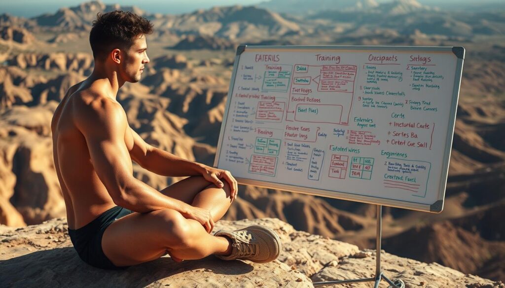 A professional Baja athlete sits cross-legged on a sun-drenched cliff, gazing intently at a whiteboard filled with meticulously laid-out goals and training plans. The foreground is crisp and focused, with the athlete's toned physique and intense expression conveying determination. The middle ground features the whiteboard, its surface covered in colorful diagrams and bullet points, hinting at the athlete's meticulous approach to goal-setting. In the background, the rugged, sun-kissed landscape of the Baja California peninsula stretches out, serving as a serene and inspiring backdrop to the scene. Soft, warm lighting bathes the entire composition, creating a sense of focus, clarity, and purpose.